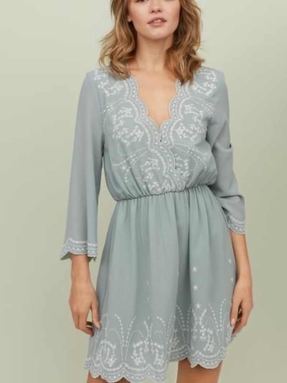 H&M Sage Green Embroidered Boho Mini Dress | 3/4 Sleeve V-Neck